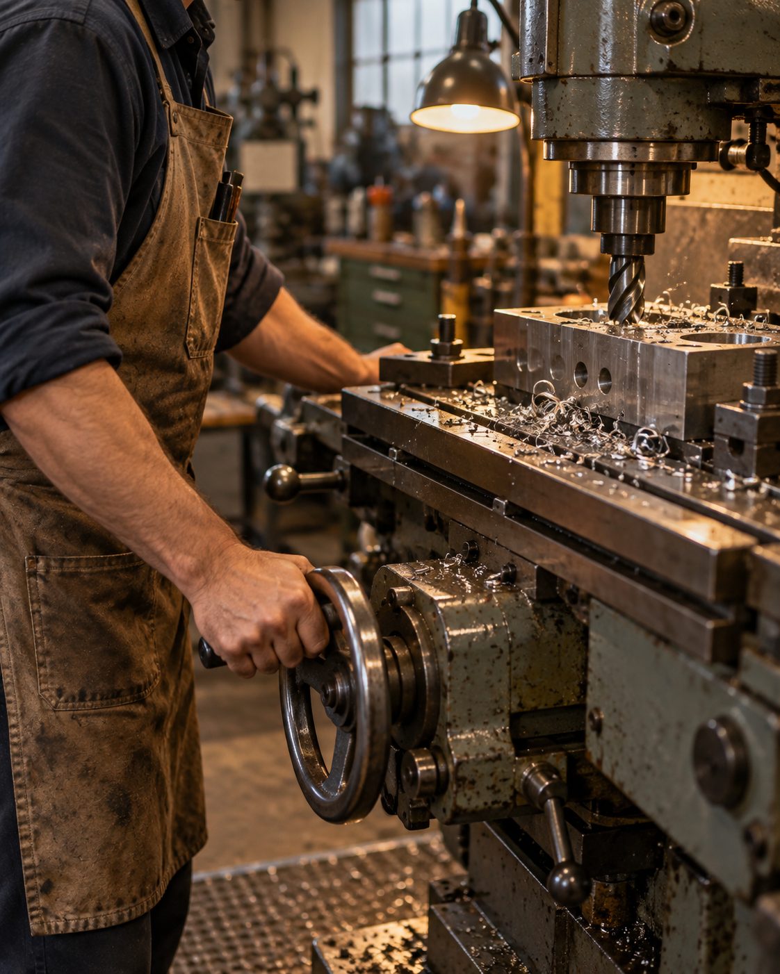 A toolmaker turning the handwheel of a manual mill