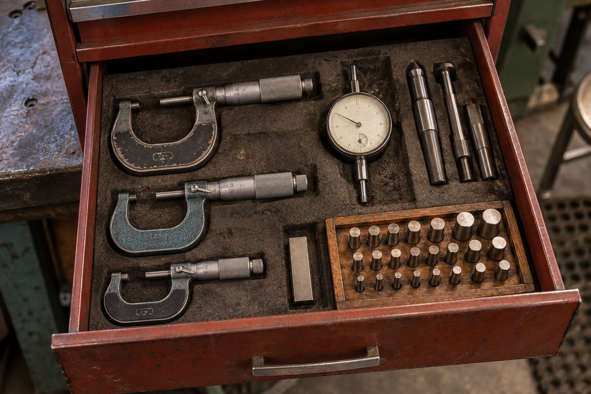 An open toolbox drawer of micrometers, indicators and gauge pins