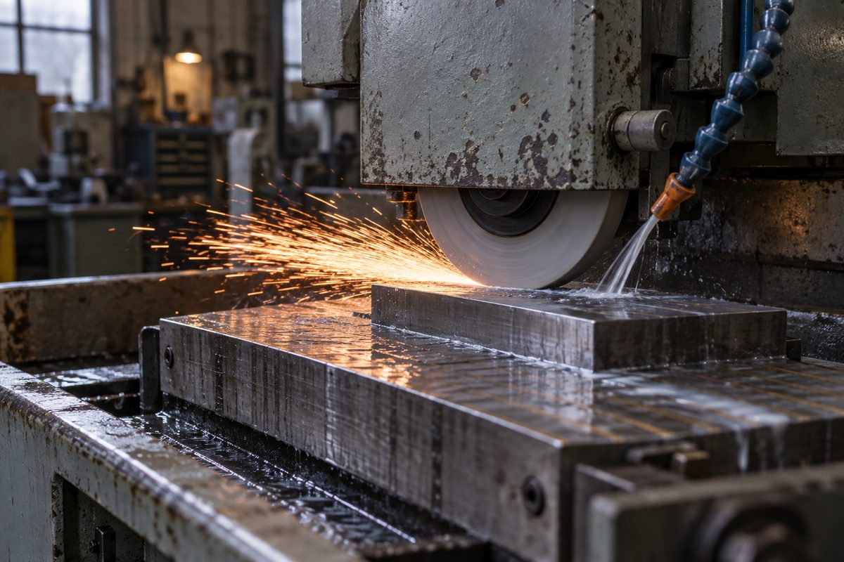 A surface grinder wheel throwing sparks across a steel block on the magnetic chuck