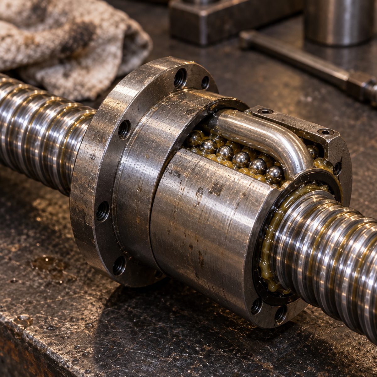 Close view of a ball screw nut on its ground thread