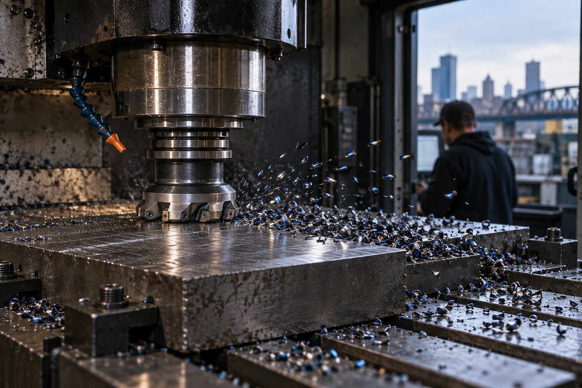 A face mill taking a heavy pass across a steel plate