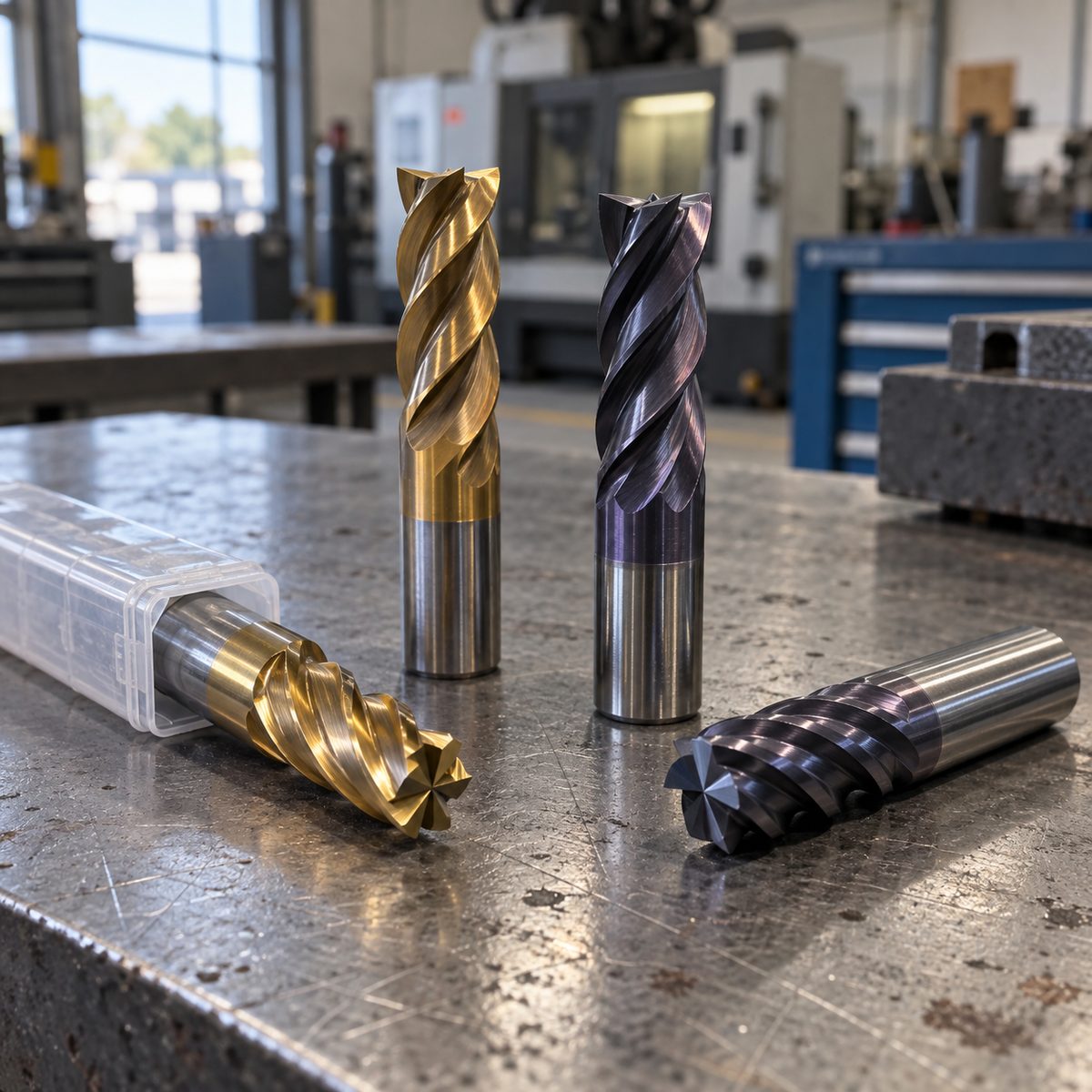 Solid carbide end mills with different flute counts and coatings on a bench