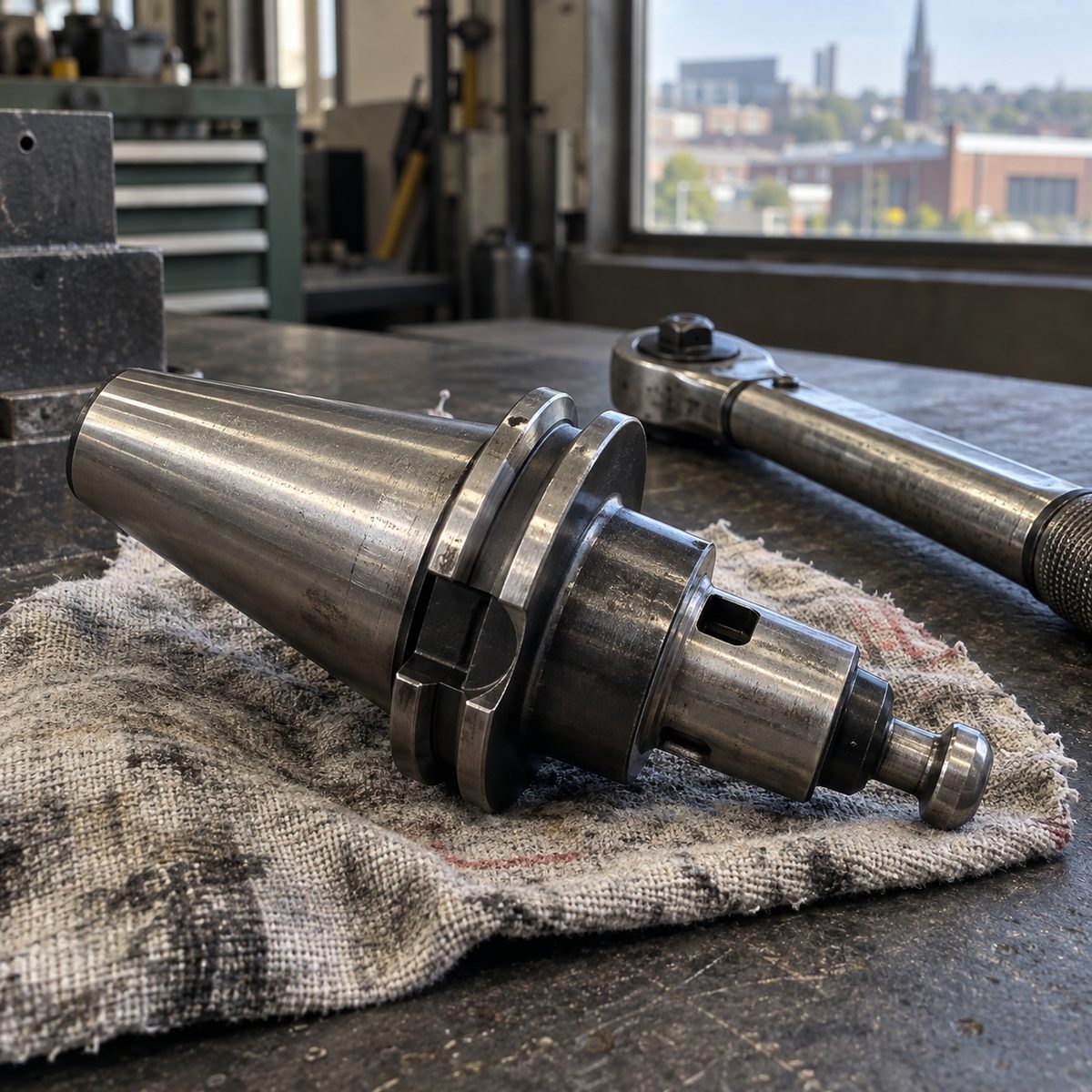 A CAT40 end mill holder with its retention knob fitted, beside a torque wrench