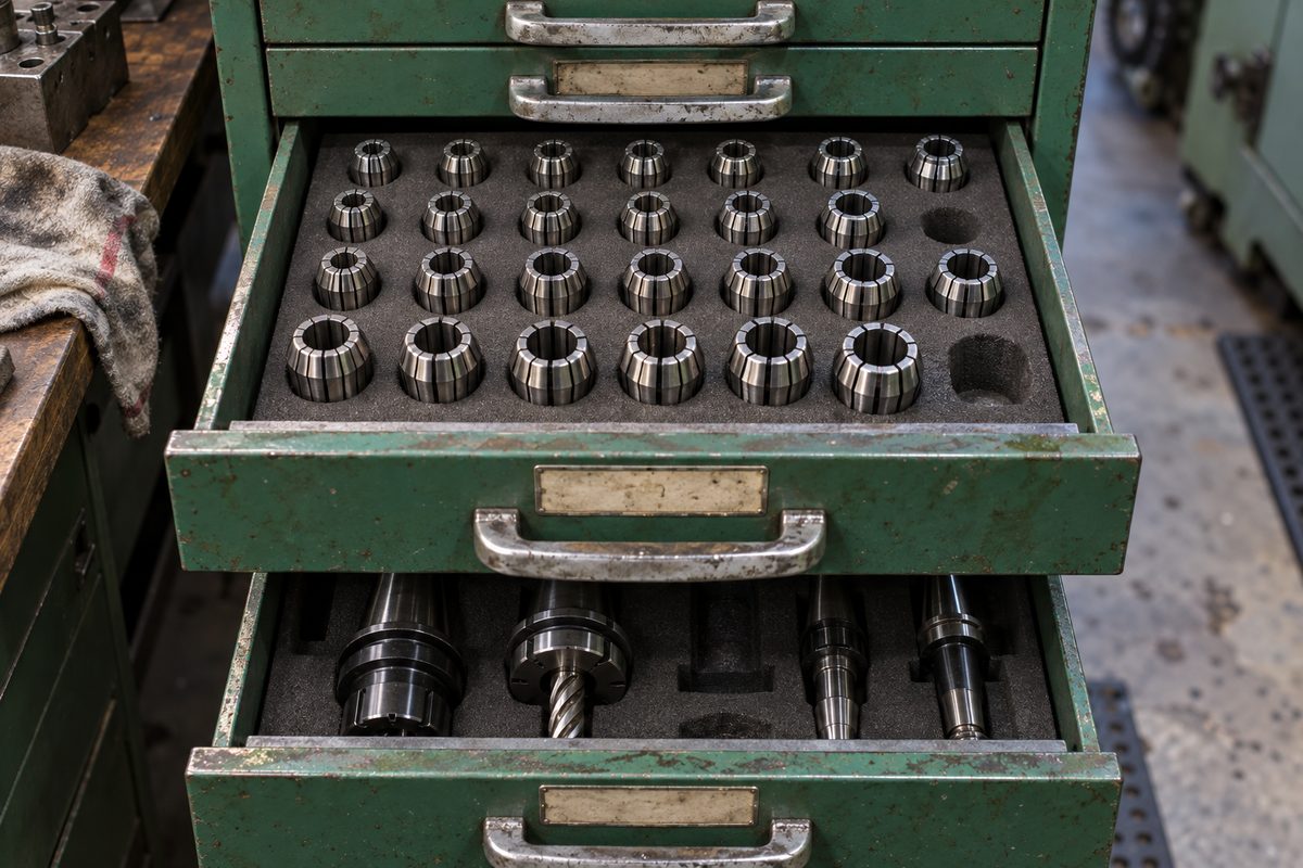 An open drawer of ER collets sorted by size in foam