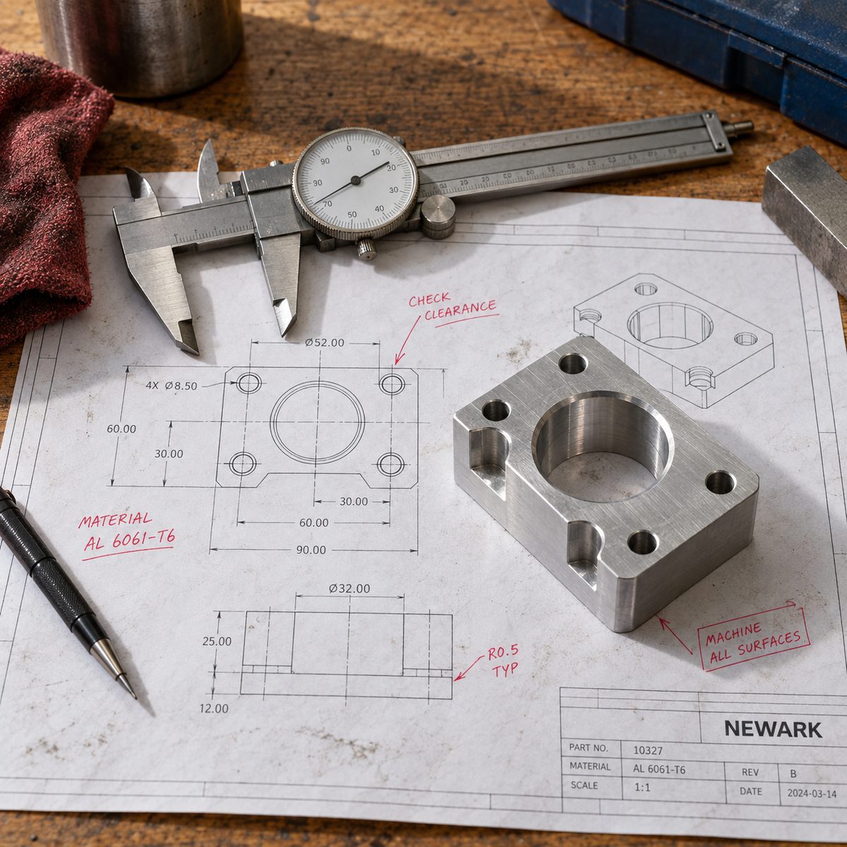 A marked-up drawing with a dial caliper and a machined aluminum part