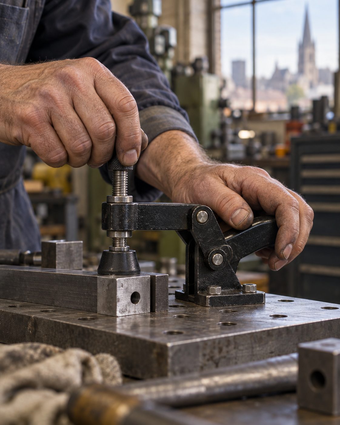 Hands adjusting a toggle clamp on a steel fixture plate