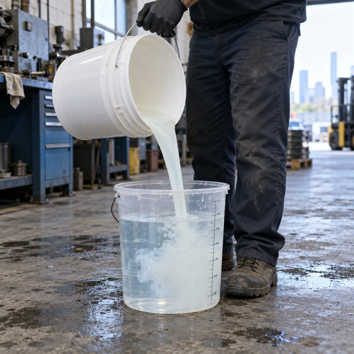 Coolant concentrate being poured from a 5-gallon pail into a mixing bucket