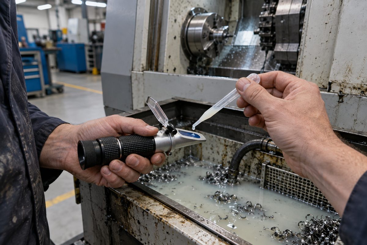Coolant concentration being checked with a refractometer at a lathe sump
