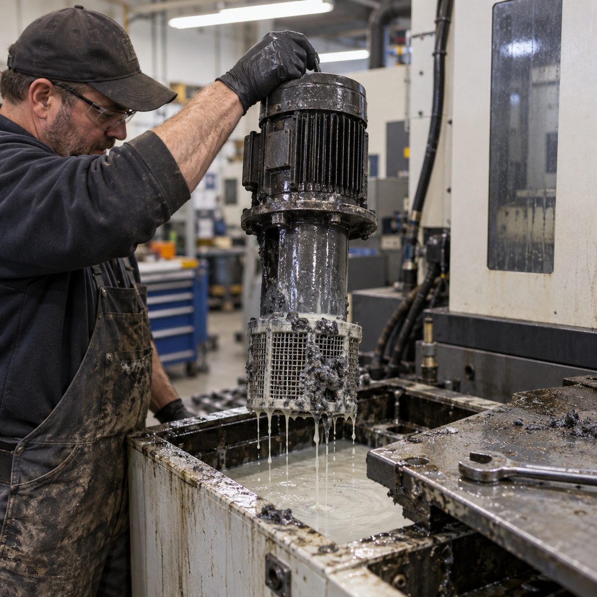 An immersion coolant pump lifted out of a machine tank with sludge on the intake