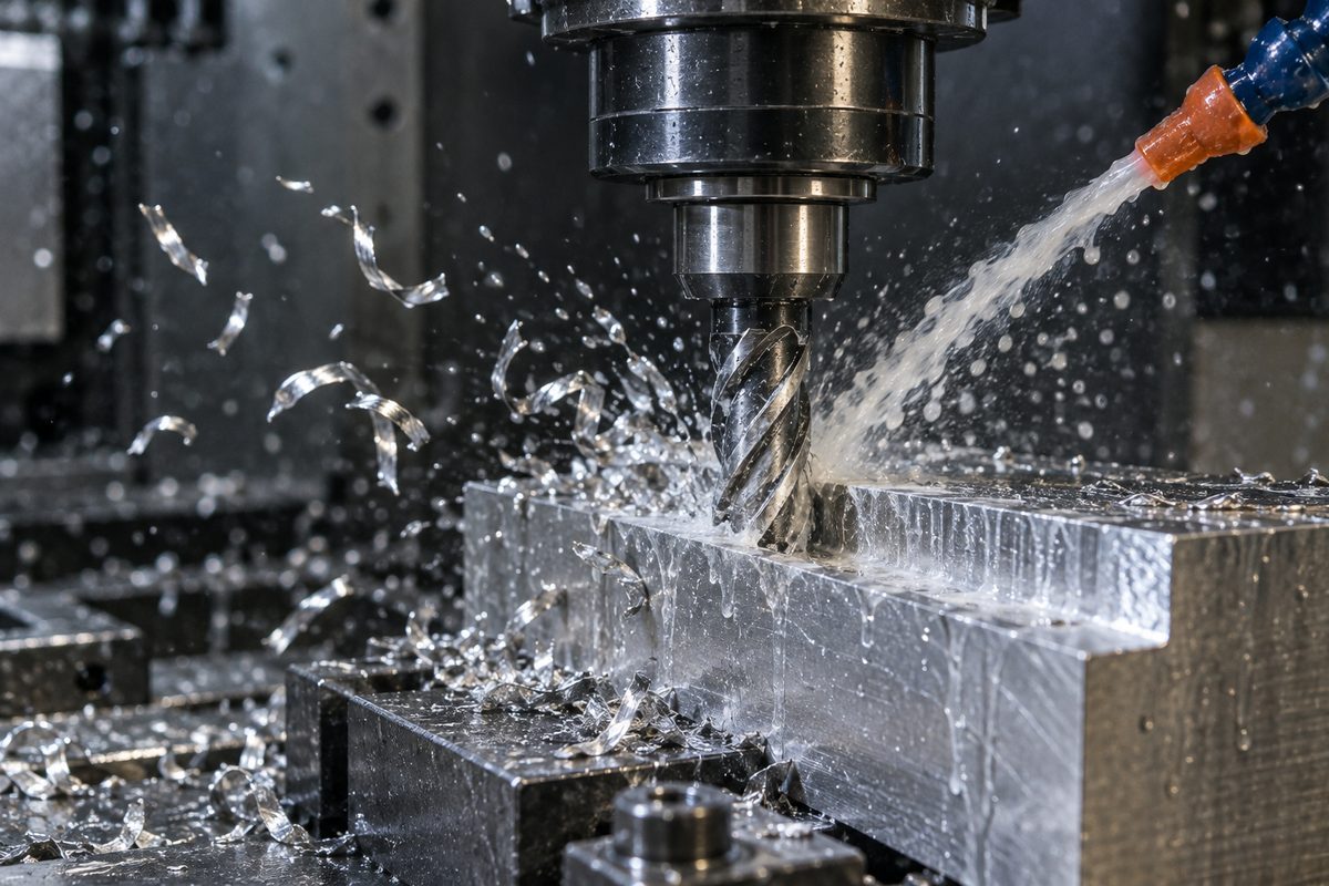 A carbide end mill slotting aluminium under flood coolant with chips flying