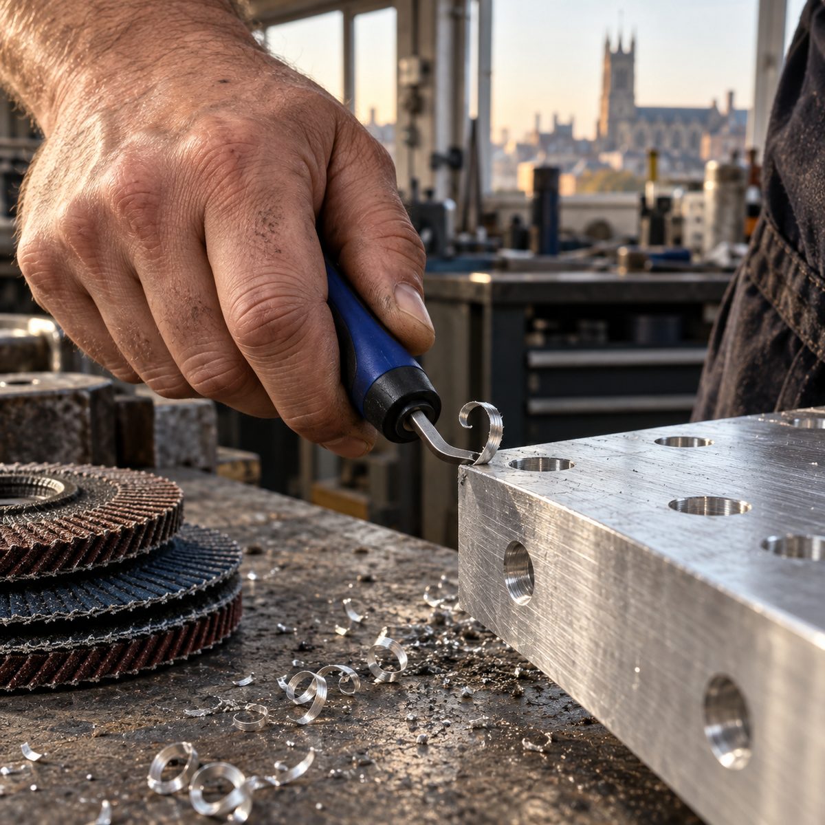 A swivel deburring blade taking the burr off a drilled aluminium plate