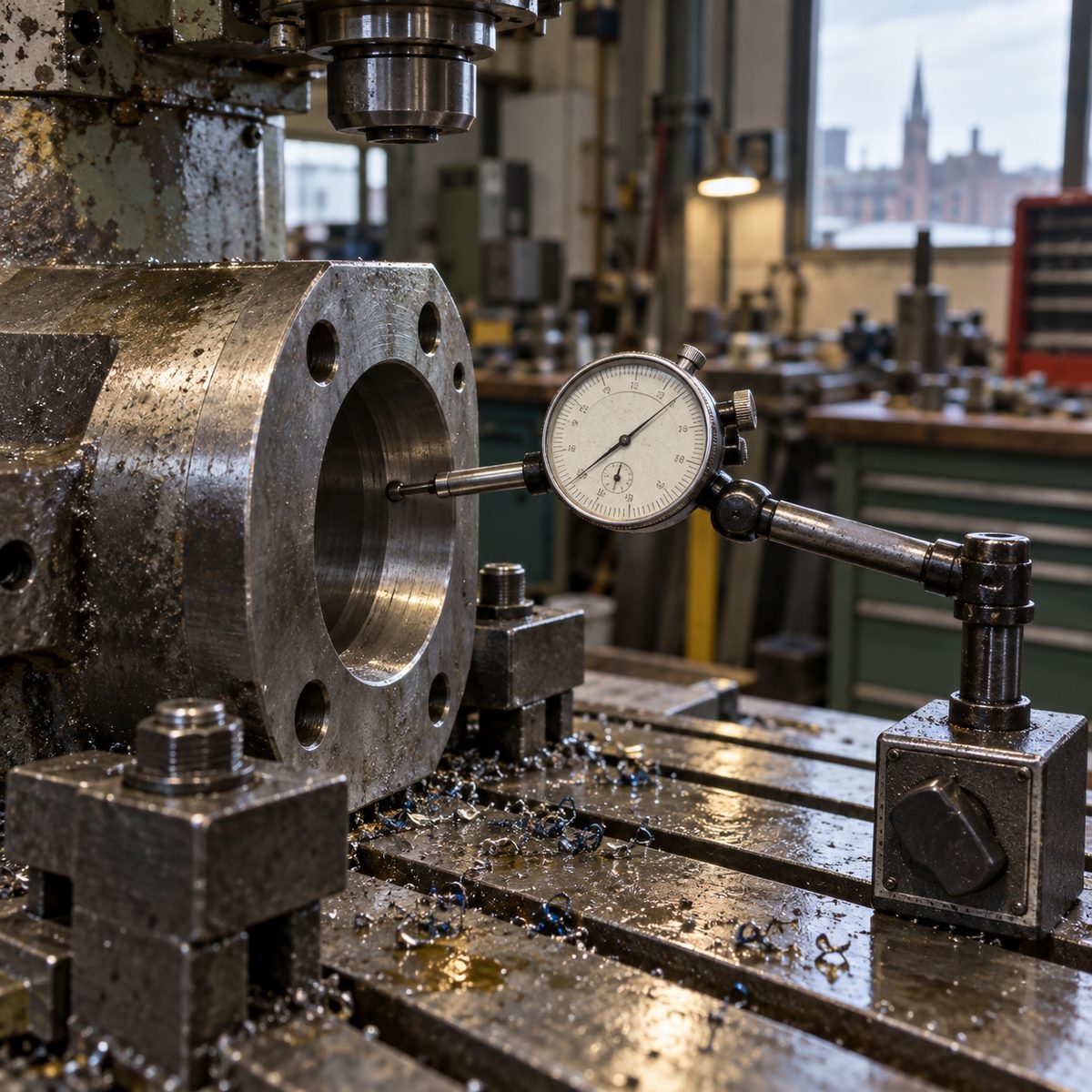 A dial test indicator on a magnetic base checking a bore on the mill