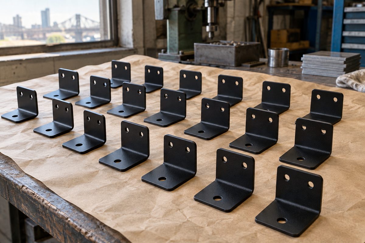 A batch of twenty matte black steel brackets laid out on kraft paper