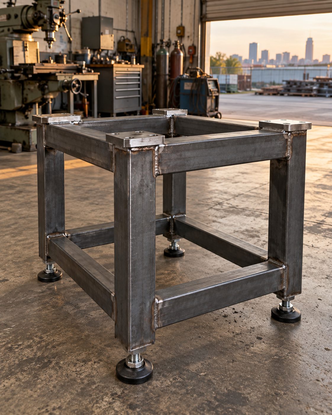 A welded square-tube steel machine stand with leveling feet