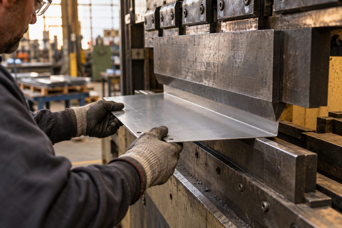 A sheet steel guard panel being bent on the press brake