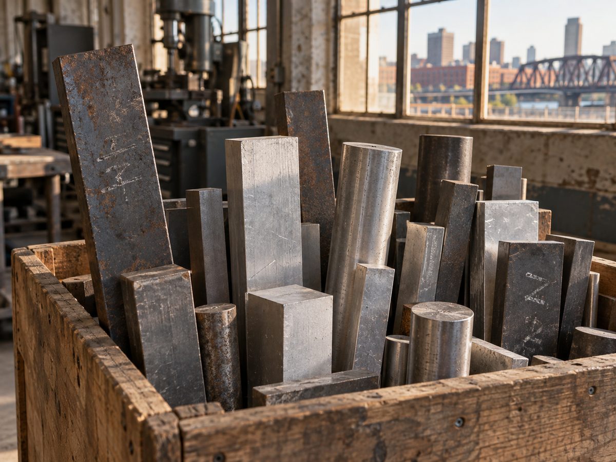 Steel and aluminum bar offcuts with chalk marks in a wooden bin