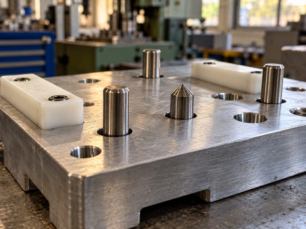 Hardened dowel pins and white Delrin rest pads on an aluminum fixture plate