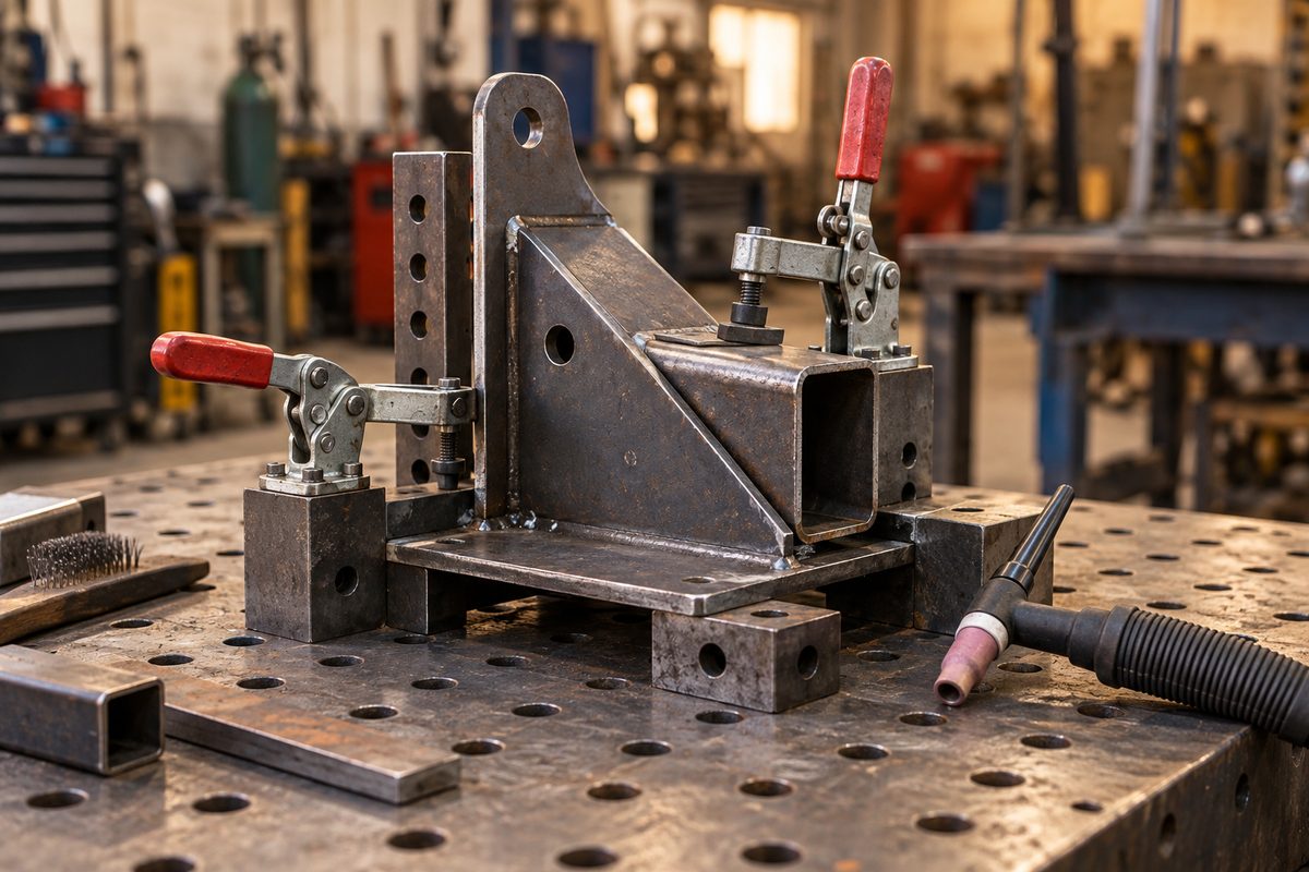 A welding fixture holding a bracket assembly ready for tack welding