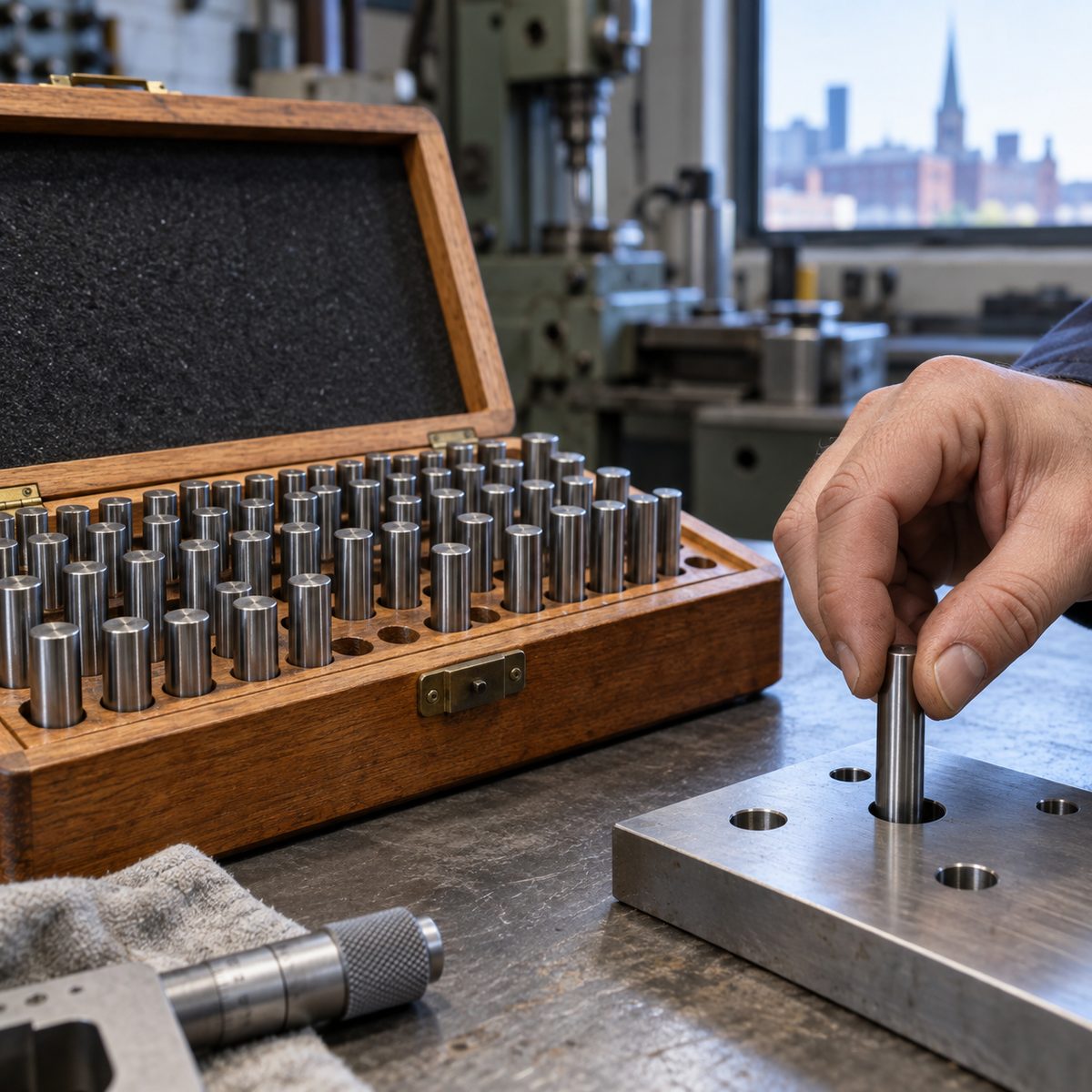 A gauge pin lifted from its case and entering a reamed hole