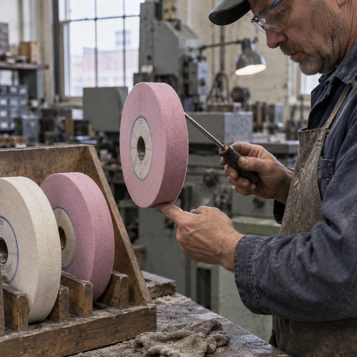 Vitrified surface grinding wheels in a rack, one being ring-tested