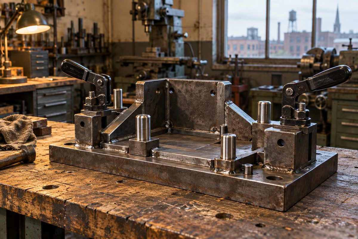 A finished welding fixture with toggle clamps and locating pins on the shop workbench