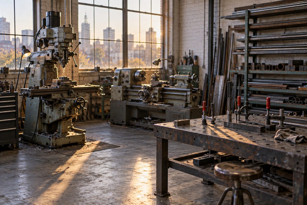 Inside the shop: a knee mill, a lathe and a steel weld table in afternoon light