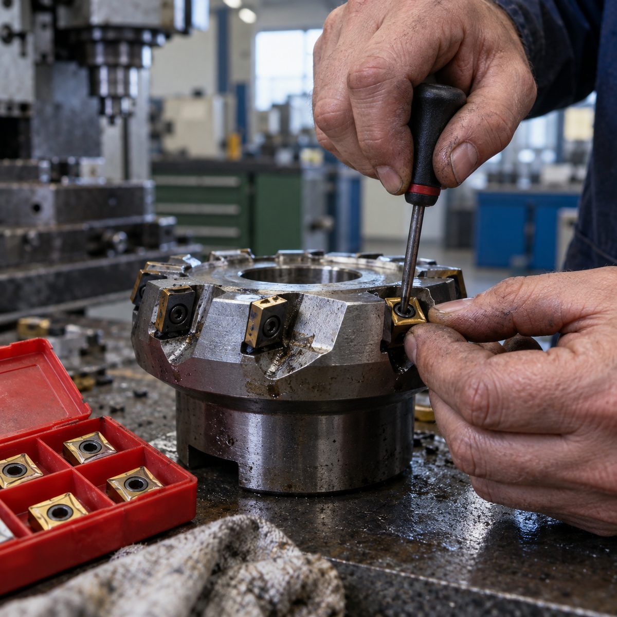 A carbide insert being screwed into a face mill body