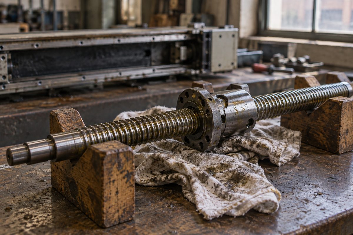 A ball screw and nut pulled from a machine axis resting on V-blocks