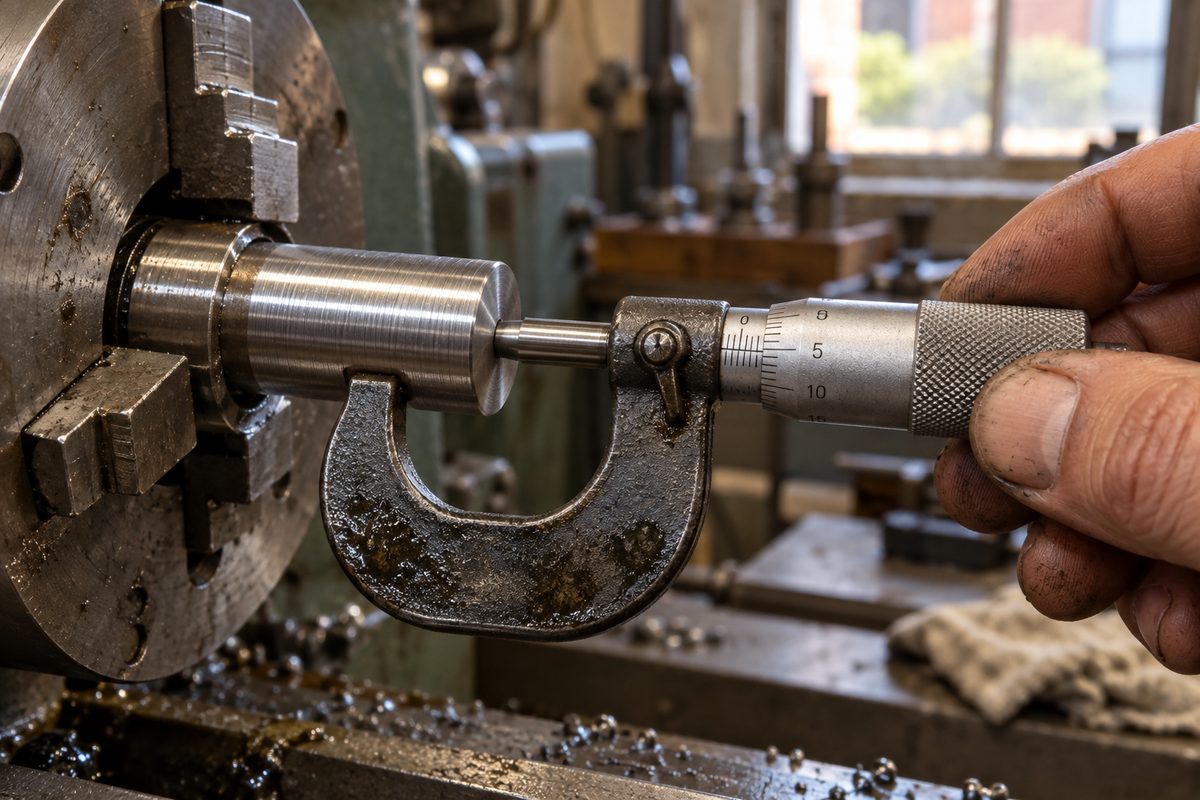An outside micrometer measuring a freshly turned shaft still in the lathe chuck