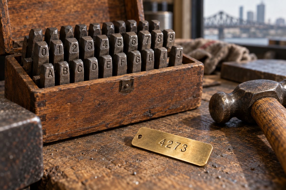 A box of steel number punches with a stamped brass tag