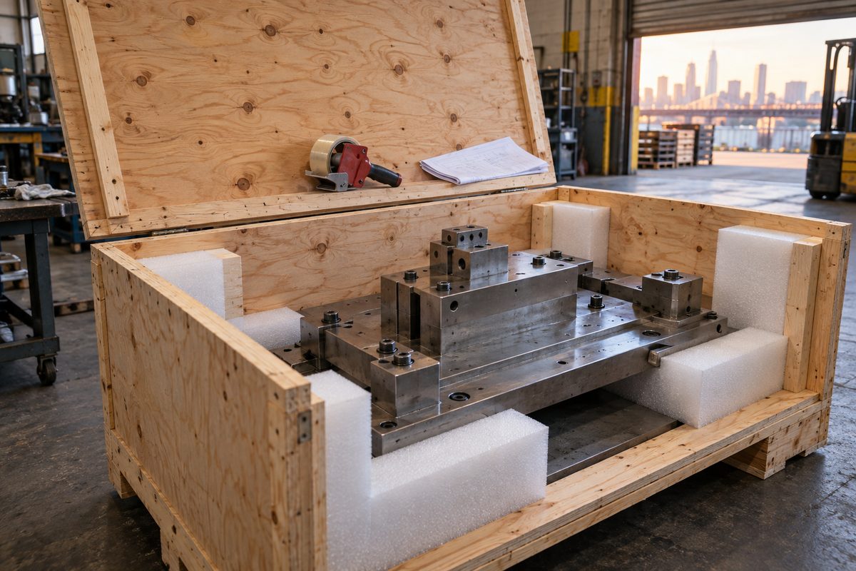 A finished fixture bolted into an open plywood crate for shipping