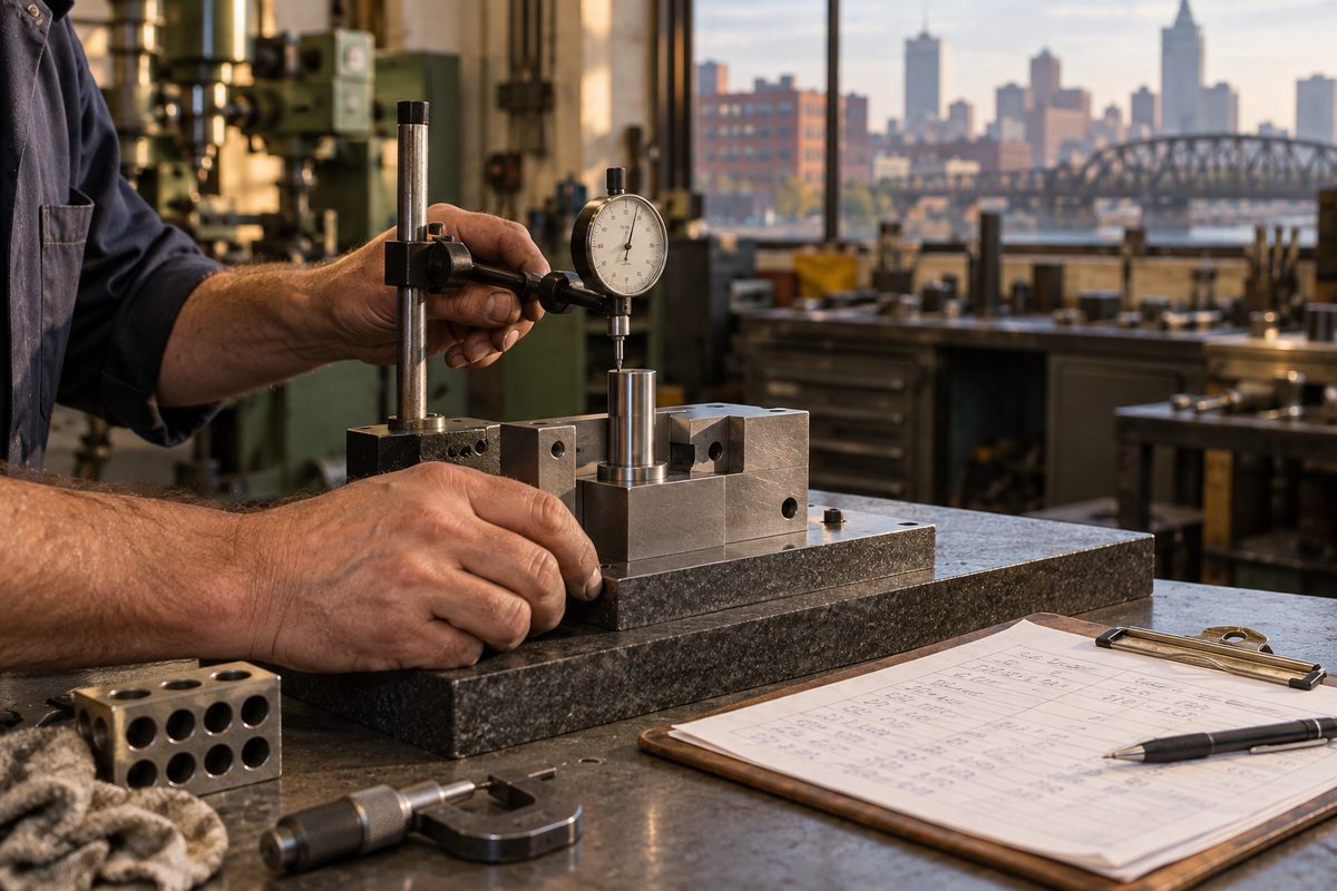 Checking a finished fixture with a dial test indicator before filling in the check sheet