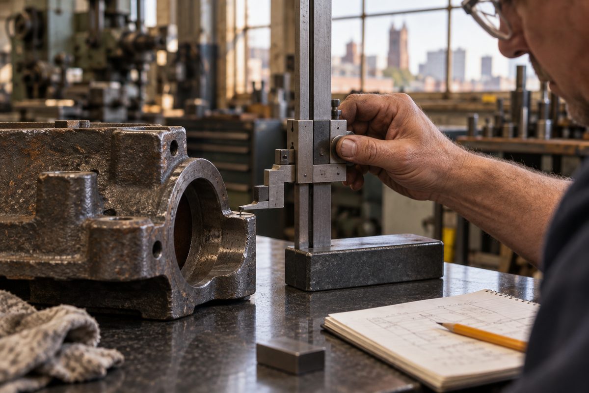 Measuring a worn sample part with a height gauge on a granite surface plate