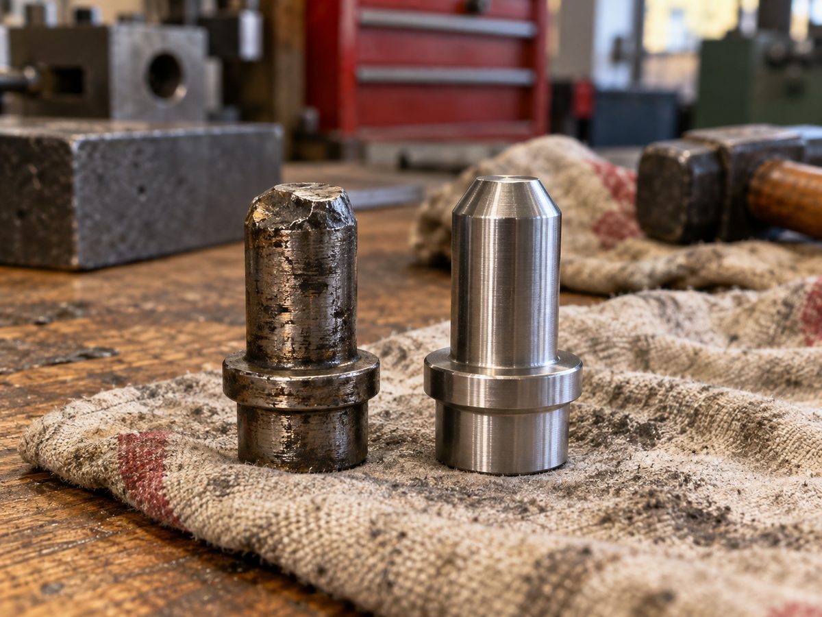 A worn fixture locator next to its newly machined replacement