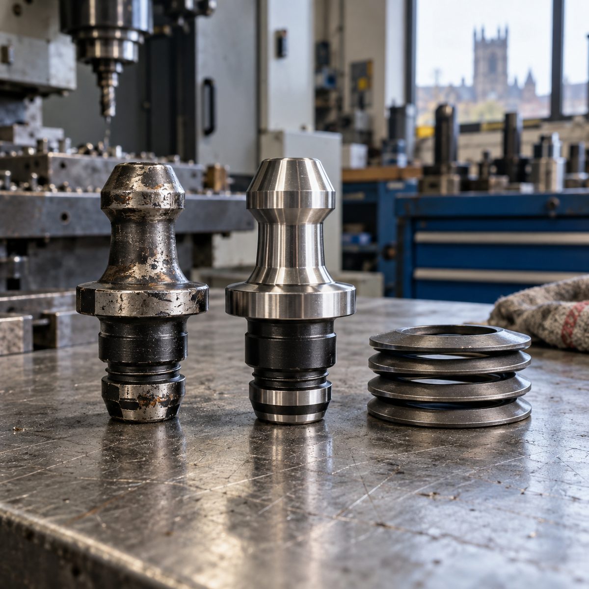 A worn retention knob beside a new one, with a stack of drawbar springs