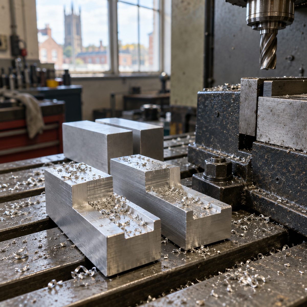 A pair of freshly cut aluminium soft jaws beside a blank pair