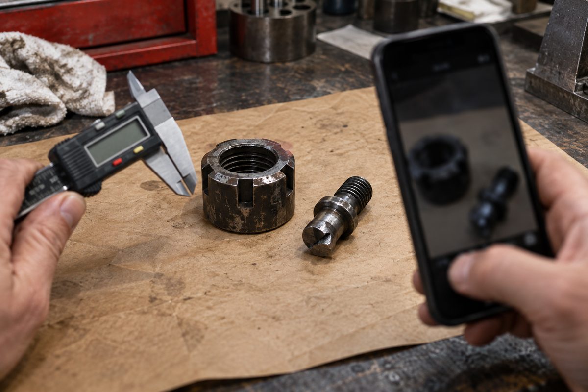 A worn collet nut and pull stud being measured and photographed for matching