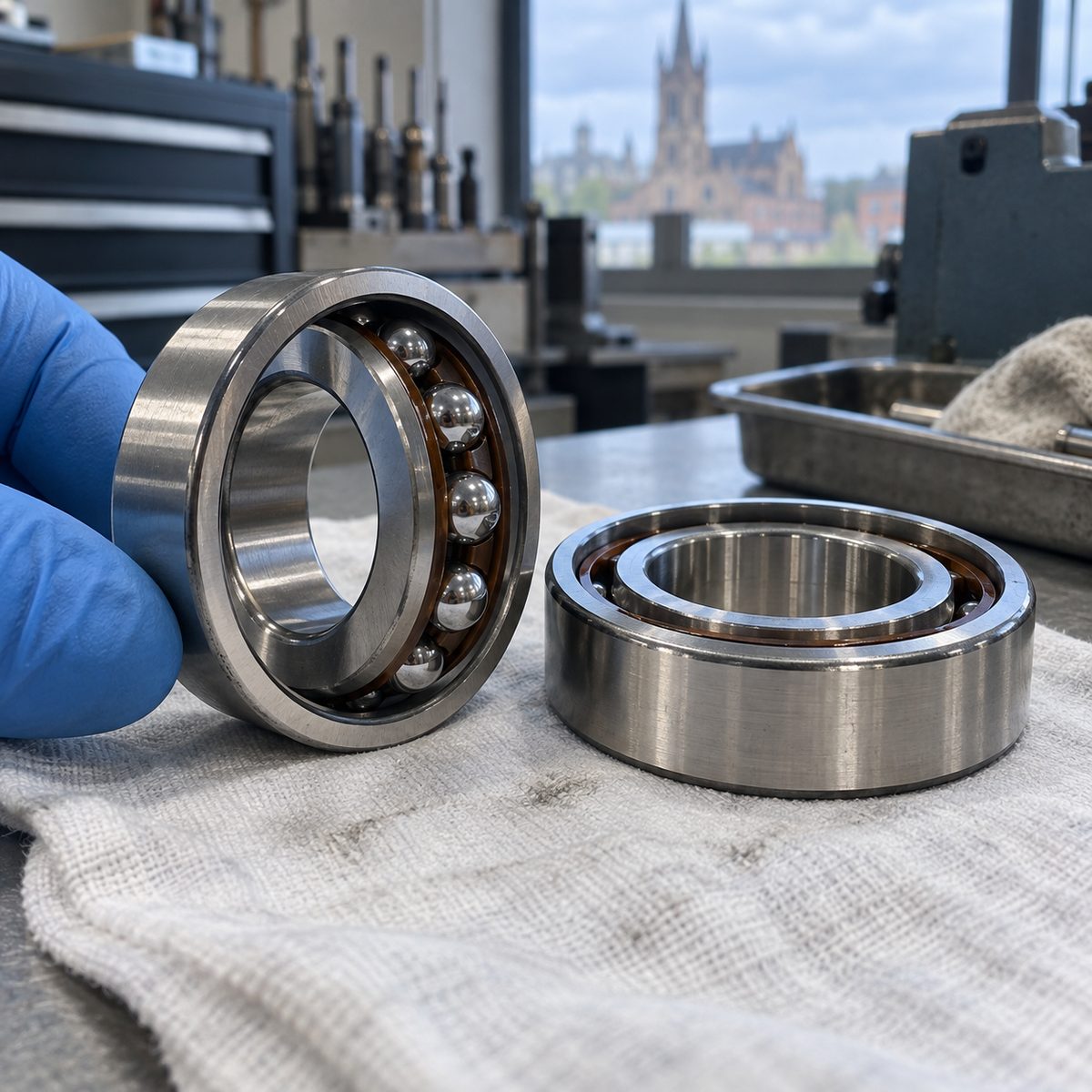 A matched pair of angular contact spindle bearings on a clean cloth