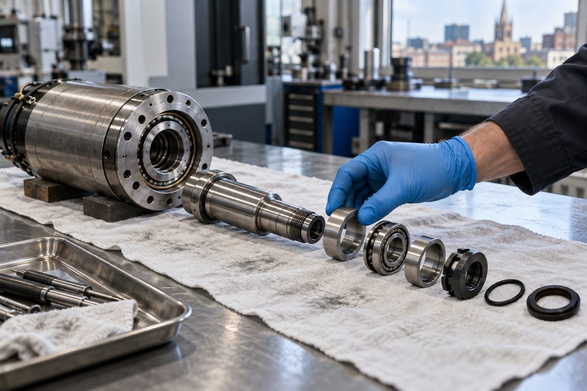 A spindle cartridge taken apart with bearings and spacers laid out in order