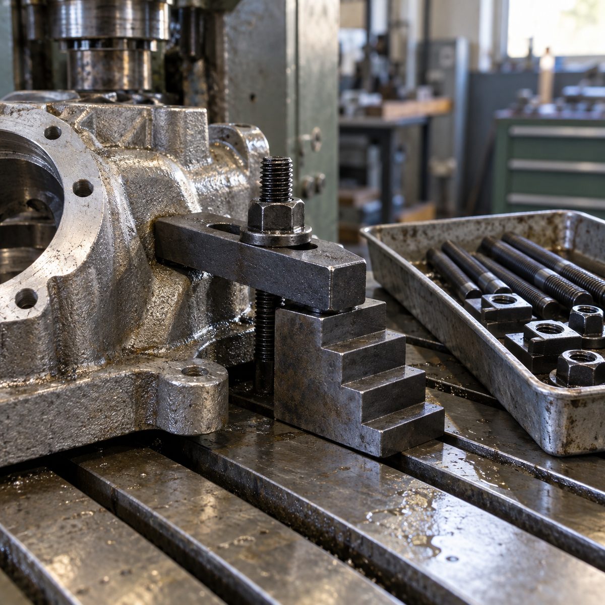 A strap clamp, step block and stud from a T-slot kit holding a casting on a mill table