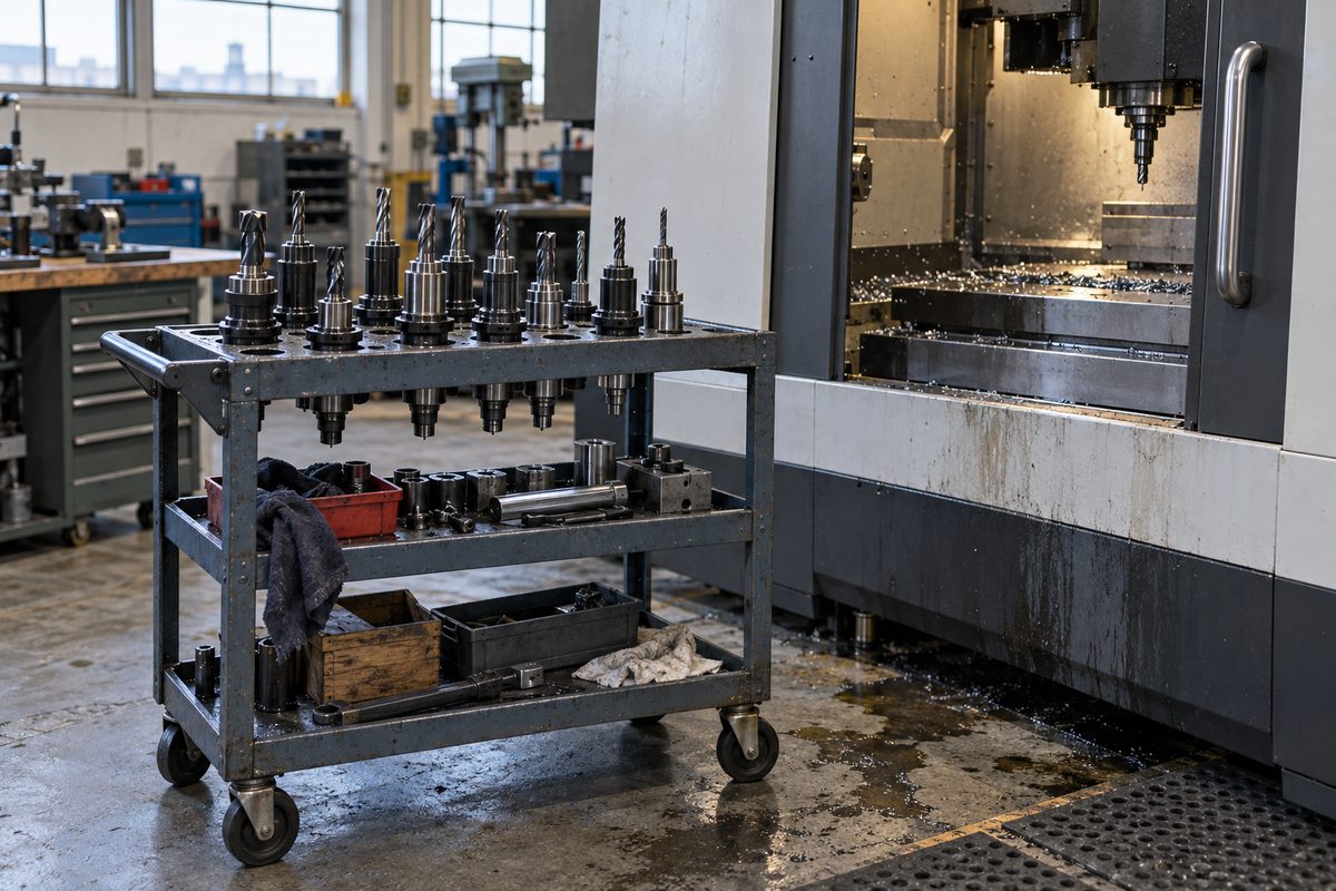 A tool cart of CAT40 holders set up for a job beside a CNC mill