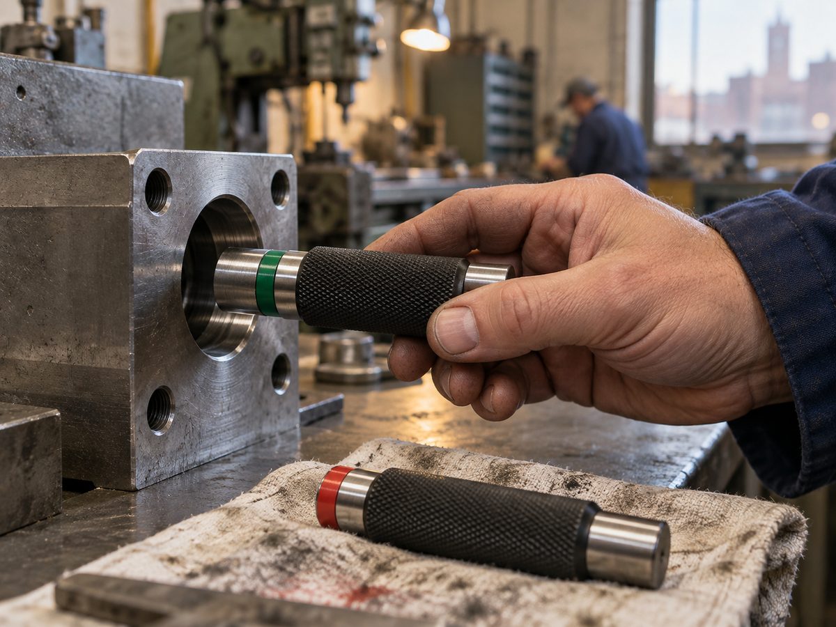 A go/no-go plug gauge being checked in a machined bore