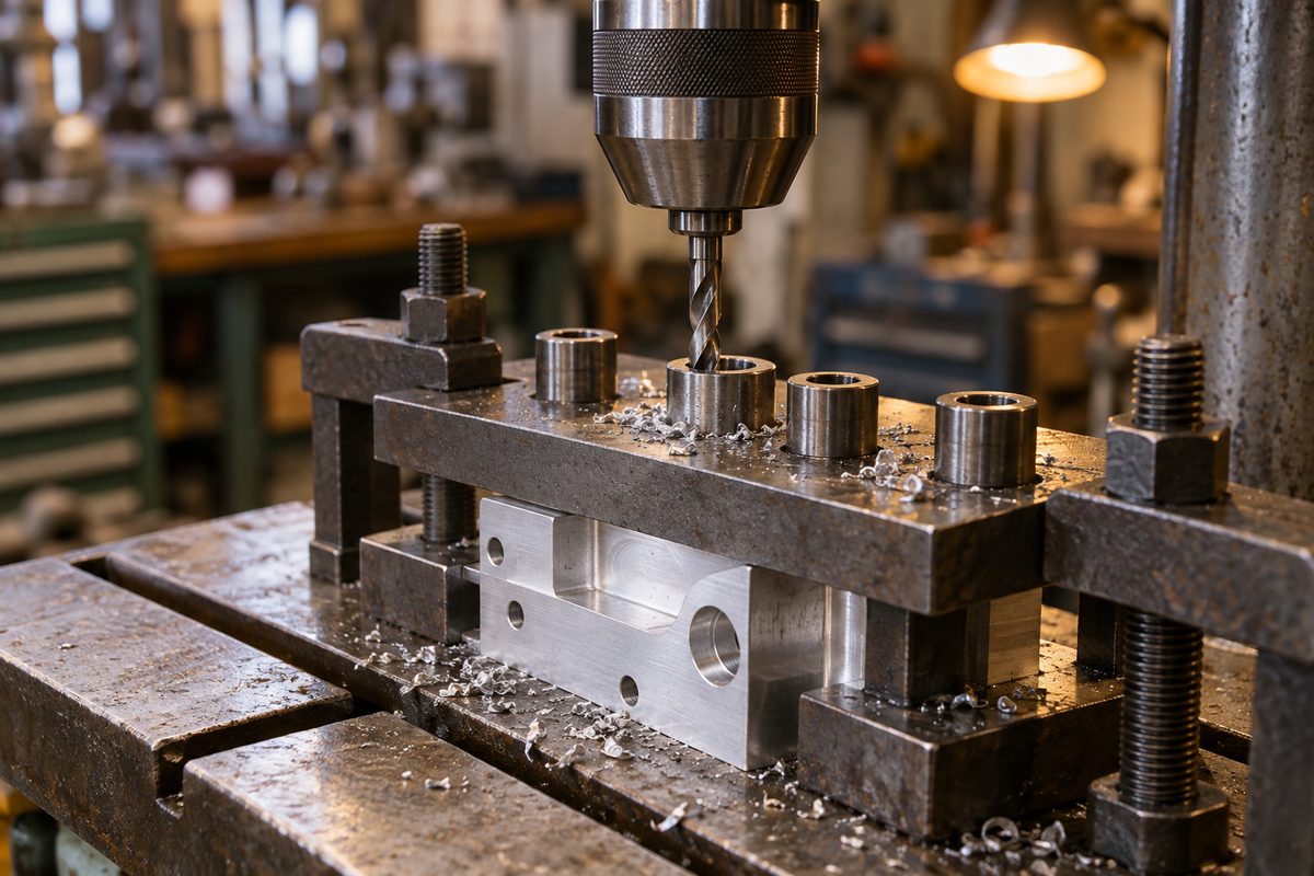A drill jig with hardened bushings clamped over a part on a drill press