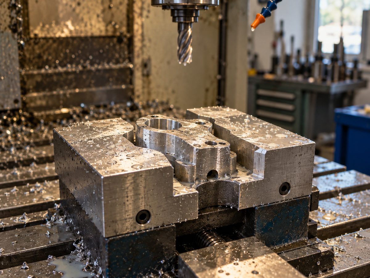 Aluminum soft jaws cut to a part profile, mounted in a milling vise
