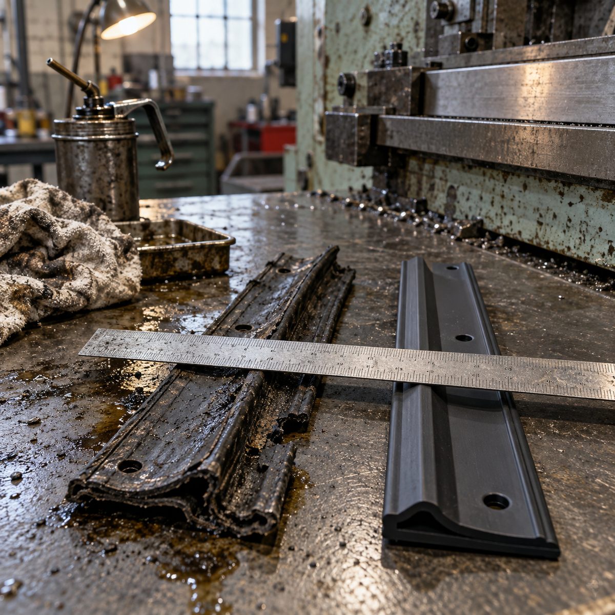 A torn way wiper beside its replacement with a steel rule across both