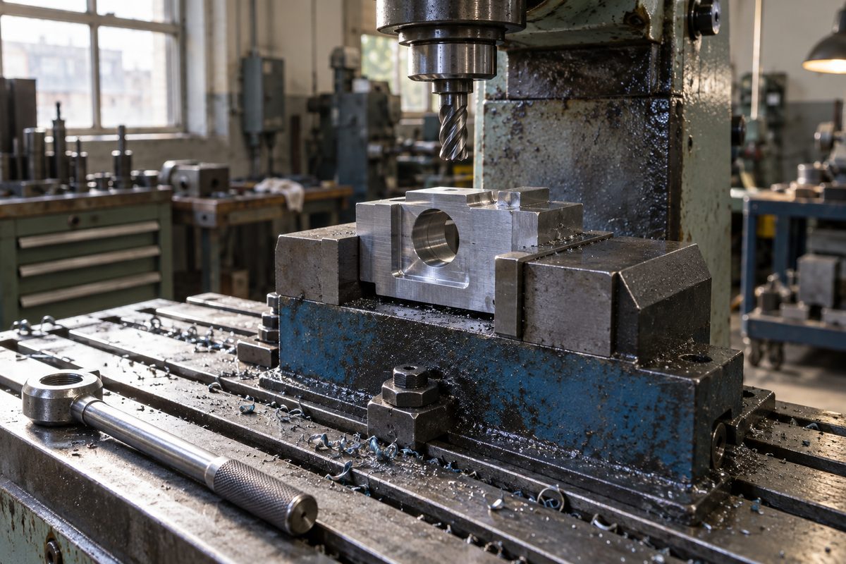 A 6 inch vise holding a steel part in machined soft jaws on a mill table